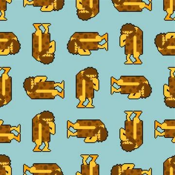 Caveman pixel art pattern seamless. Prehistoric man 8 bit background . Ancien Illustrazione stock