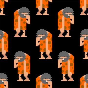 Caveman pixel art pattern seamless. Prehistoric man 8 bit background . Ancien Stock Illustration