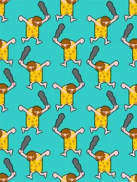 Caveman pixel art pattern seamless. Prehistoric man 8 bit background . Ancien Stock Illustration