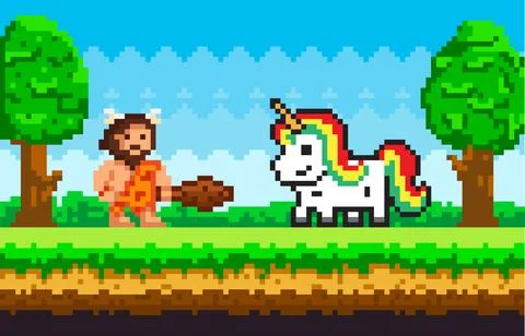 Caveman pixel primitive man dressed in clothes made of animal skin and holding Stock Illustration