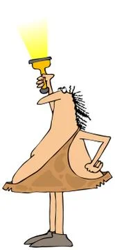 Caveman pointing a flashlight up Stock Illustration