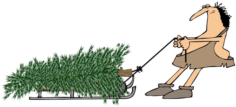 Caveman pulling a Christmas tree Stock Illustration