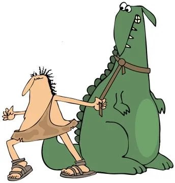 Caveman pulling on a dinosaur Stock Illustration