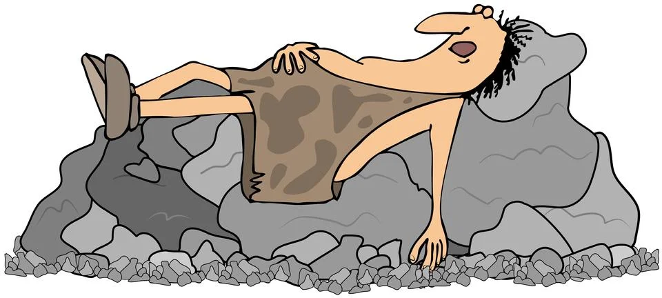 Caveman sleeping on some rocks Illustrazione stock