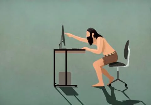 Caveman touching computer screen 스톡 일러스트