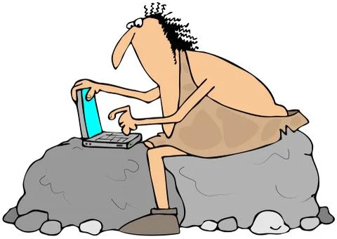 Caveman using a laptop computer Illustrazione stock