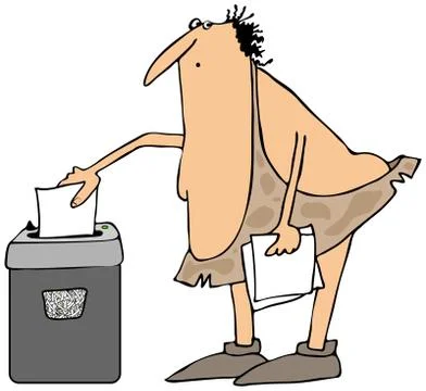 Caveman using a paper shredder Stock Illustration