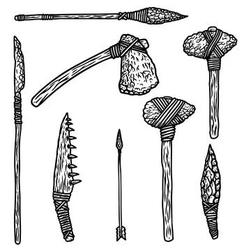 Caveman weapon set. Stone ax, spear, bone knife. Design element for poster, c Stock Illustration