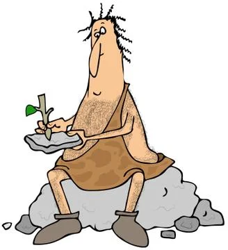 Caveman writing on a stone tablet Stock Illustration