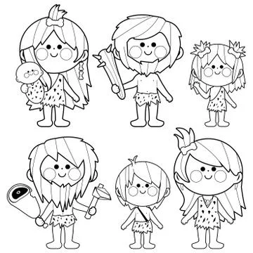 Cavemen people. Vector black and white coloring page Stock Illustration