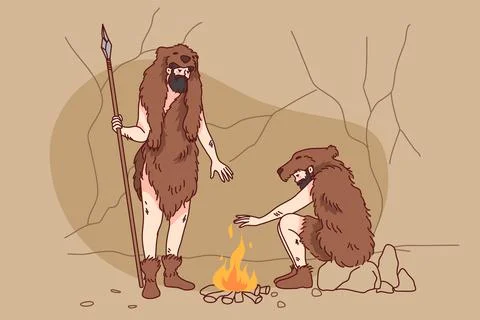 Cavemen setting fire in nature Stock Illustration
