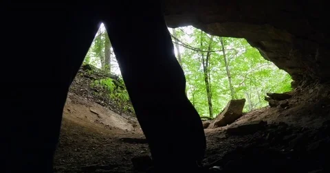Caver Exits Dark Cavern into Lush Forest Stock Footage 71278355