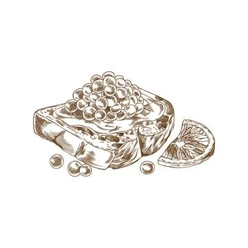 Caviar heap on buttered bread with lemon slice engraved hand drawn vector ill Illustrazione stock