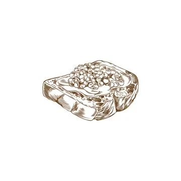 Caviar heap on buttered bread slice vector engraved hand drawn, sea food, n.. 스톡 일러스트