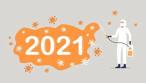 CAVID-19 coronavirus a worker in a protective suit sprays a disinfectant chem Illustrazione stock