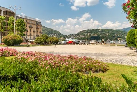 Cavour Square in front of the Lake Como in summer sunny day in Como, Italy Stock Photos