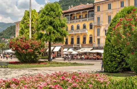 Cavour Square in front of the Lake Como in summer sunny day in Como, Italy Stock Photos