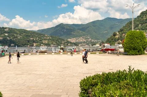 Cavour Square in front of the Lake Como in summer sunny day in Como, Italy Stock Photos
