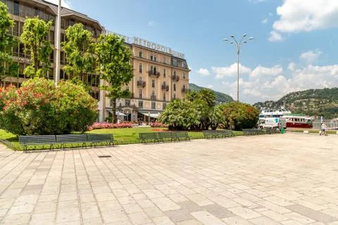 Cavour Square in front of the Lake Como in summer sunny day in Como, Italy Stock Photos