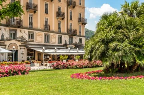 Cavour Square in front of the Lake Como in summer sunny day in Como, Italy Stock Photos