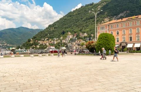 Cavour Square in front of the Lake Como in summer sunny day in Como, Italy Stock Photos
