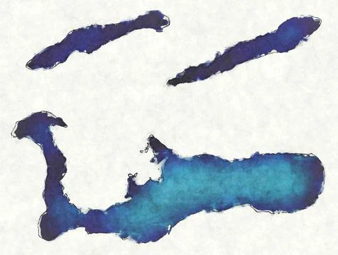 Cayman Islands map with drawn lines and blue watercolor illustration Stock Illustration