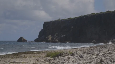 Cayman Islands Ocean Waves Roll and Crash on Rocky Beach, Sea Cliff Video stock 124484474