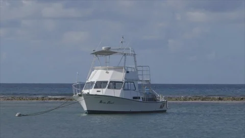 Cayman Islands Rack Focus MS Boat Anchored in Ocean near Breakwater Stock Footage 124484895
