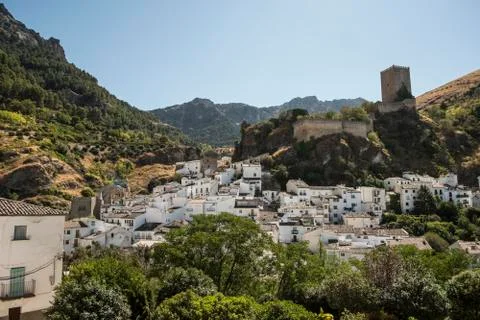 Cazorla, Spain. wide angle image of "La Yedra" Castle with village trees and  Stock Photos