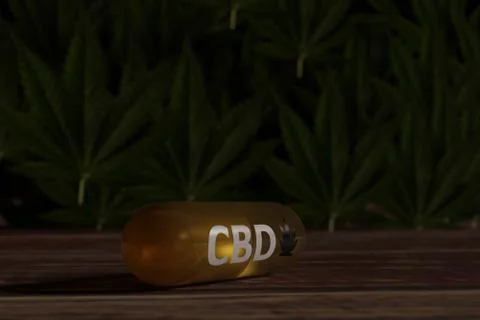 CBD capsule on old table with hemp plants and leaves in the background. Stock-Illustration