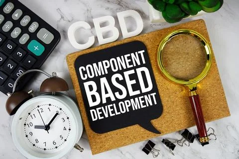 CBD - Component Based Development acronym with calculator, alarm clock and .. Foto stock