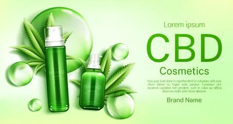 Cbd cosmetics bottles with bubbles and leaves Stock Illustration