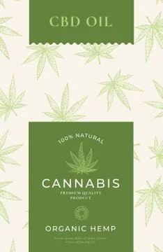 CBD Oil Abstract Vector Design Label. Modern Typography and Hand Drawn Cannabis Stock Illustration