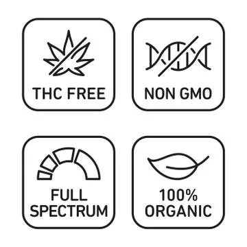 CBD oil icons set including THC free, 100% organic, non GMO, full spectrum Stock Illustration