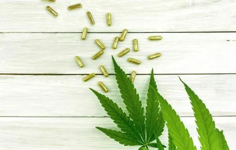 CBD pills. Group of clear CBD Cannabidiol capsules on bright wooden backdrop  Stock Photos