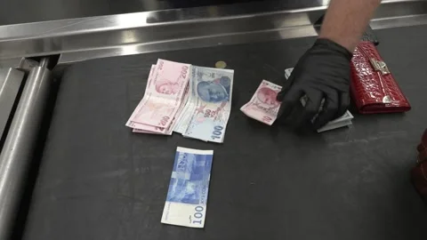 CBP Officer sorting foreign currency found in a traveler's handbag Stock Footage 292634958