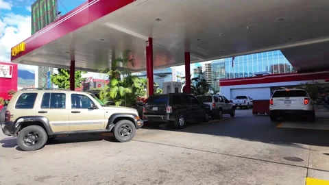 CCars queuing for fuel at PDV gas station in Las Mercedes, Caracas, Venezuela Stock Footage 331921287