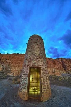 CCC Water Tower Glowing Interior at Cathedral Gorge Blue Hour Nevada 스톡 사진