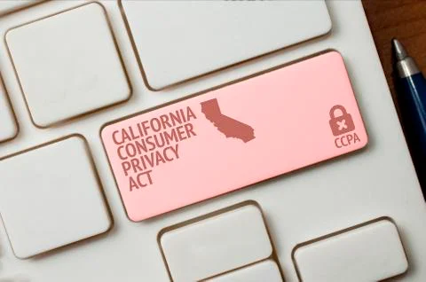 CCPA concept: a white computer keyword with a lock, a California shape and th Stock Photos