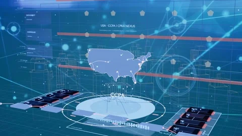 CCPA platform activating and tracing lines to holographic United States map, Stock Footage 337904980