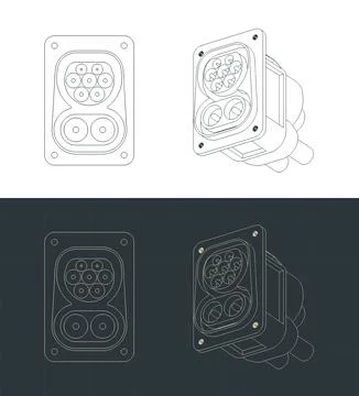 CCS Combo 2 EV charging port blueprints illustrations Stock Illustration