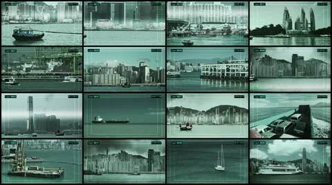 CCTV 4x4 split screen security monitoring and recording the ships, boats. Video stock 60370546