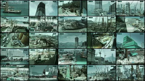 CCTV 5x5 split screen construction sites security. Stock Footage 58658967