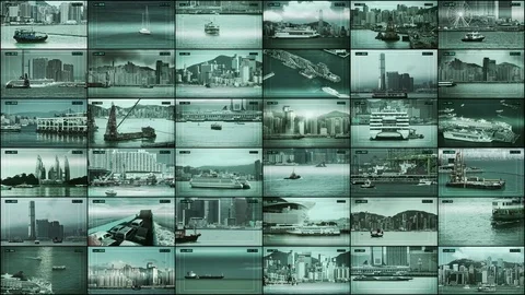 CCTV 6x6 split screen security monitoring and recording the ships, boats. Stock Footage 73368004