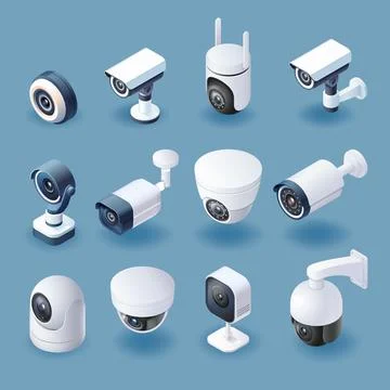 CCTV and security camera isometric color icon set Illustrazione stock
