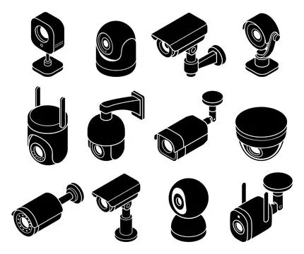 CCTV and security camera isometric icon set Stock Illustration