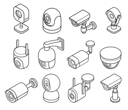 CCTV and security camera isometric line icon set Stock Illustration