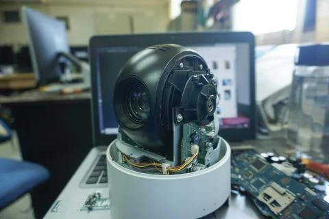 The cctv is being repaired again, the inside is opened Stock Photos