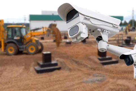 CCTV with Blurring Building construction background. Stock Photos
