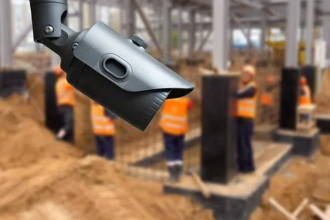 CCTV with Blurring Building construction background. Stock Photos